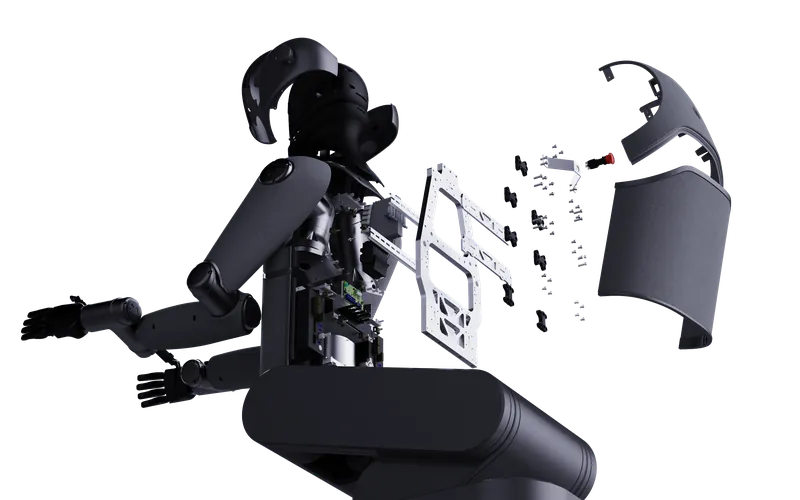 MARK One exploded into its modules: head, arms, frame, electronics and covers
