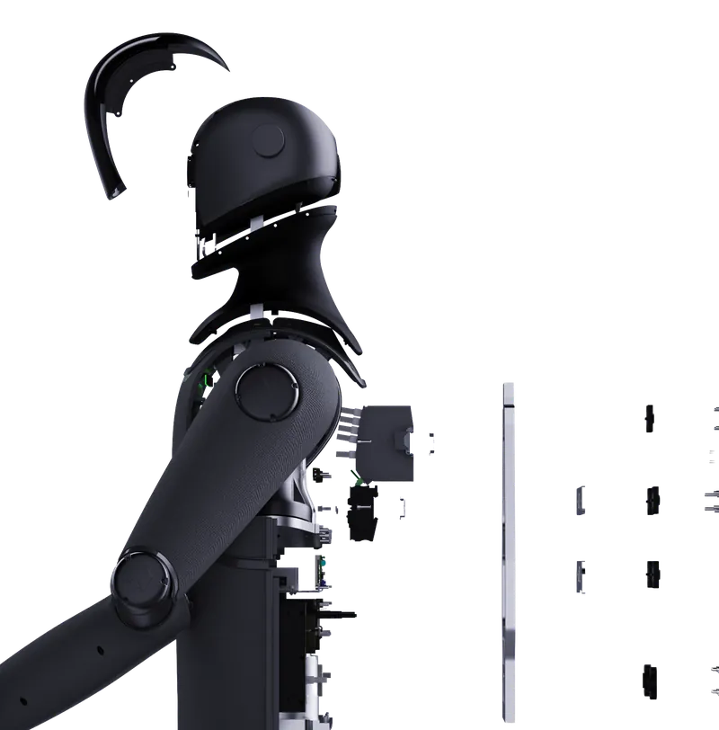 MARK One taken apart: head, shoulder, arm and covers floating over a pale background